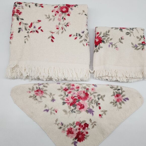 Vintage Cannon Monticello Pink Floral Towels Set Of 3 - Picture 1 of 9